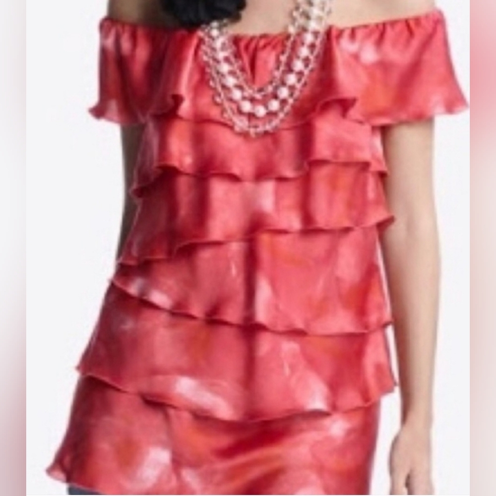 White House Black Market Size Medium Red Pink Off the Shoulder Ruffle Blouse Y2K